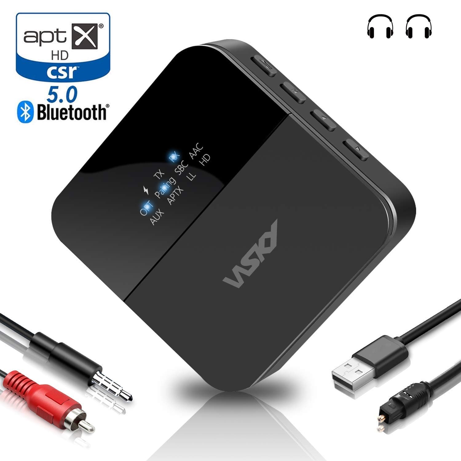 Wsky Bluetooth 5.0 Transmitter Receiver aptX HD, aptX Low Latency B20 Wireless Audio Adapter for Car/TV/Home/PC Stereo, Pairs Two Headphones, LED Indicator, Optical TOSLINK 3.5mm AUX RCA