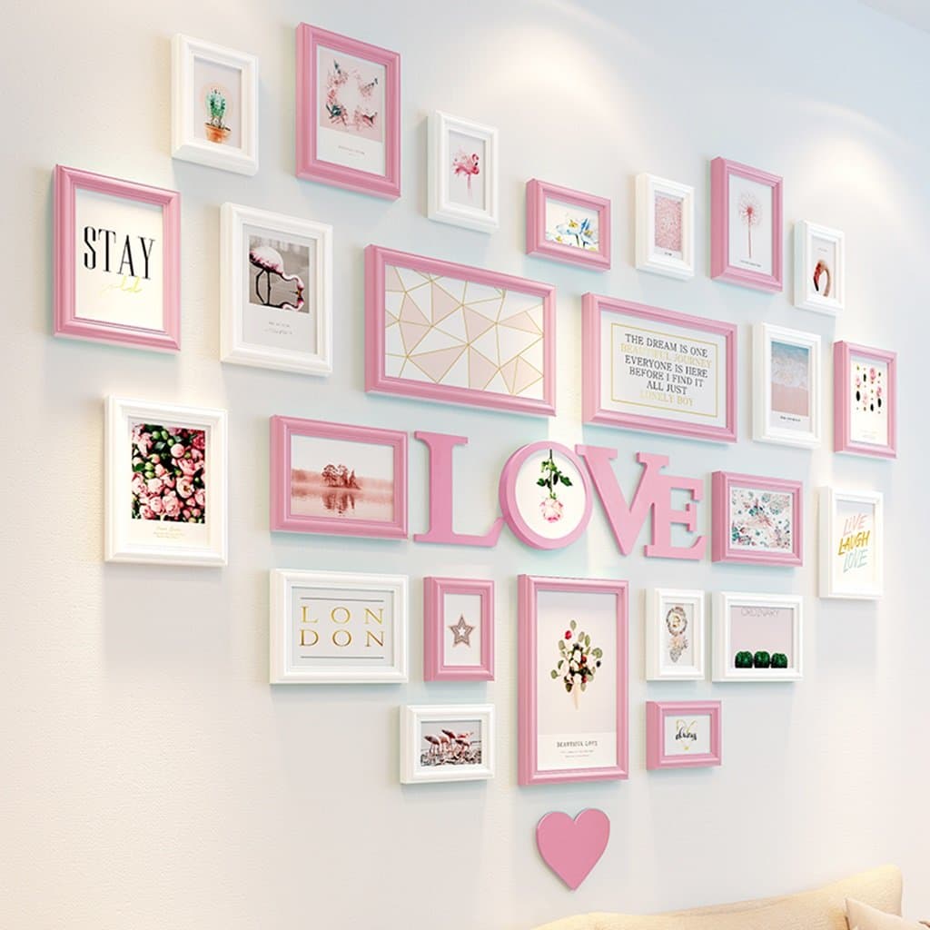 Zheng Hui Shop Large multi picture frame photo frame wall corridor photo wall (Color : Powder+White, Size : 157cm/61.8inch)