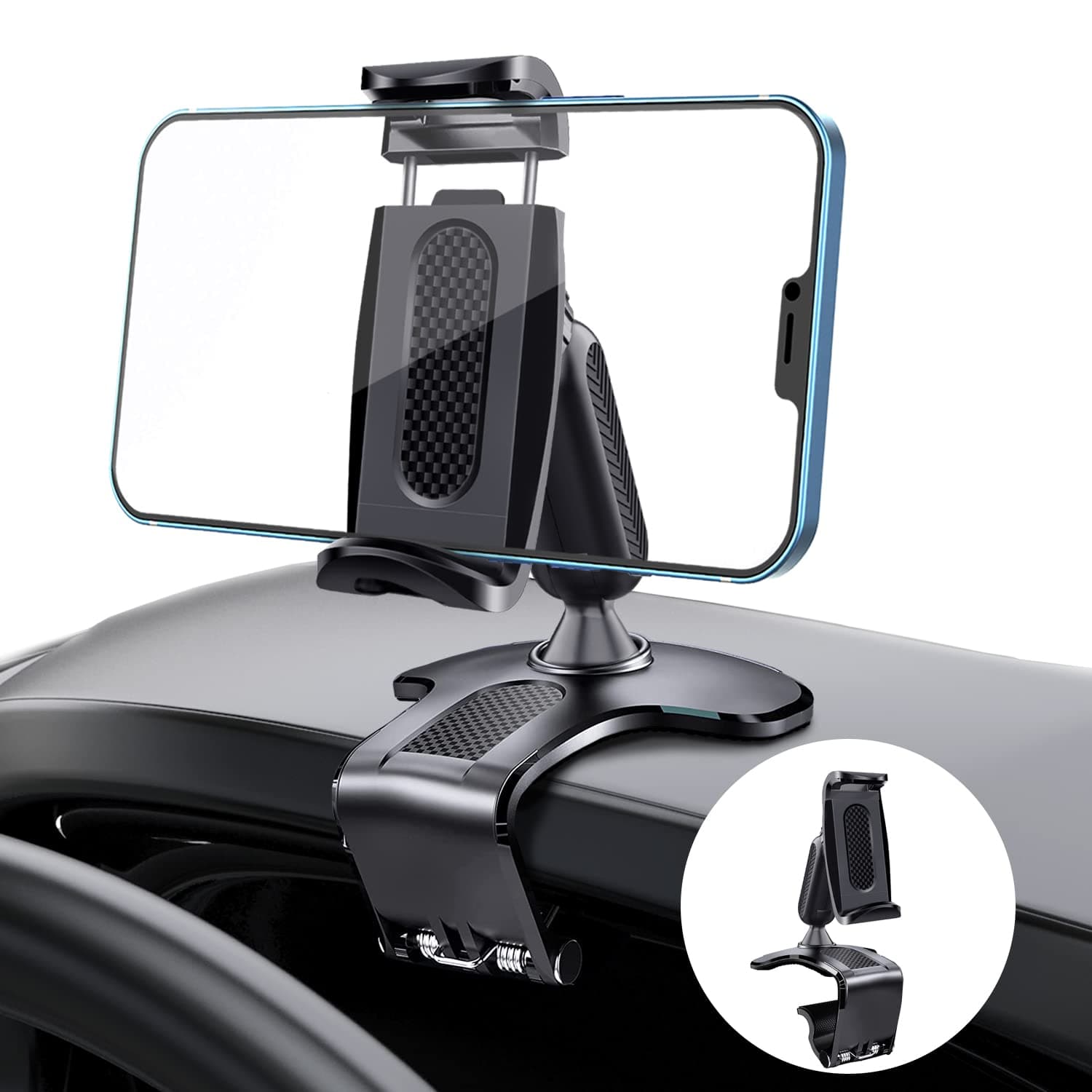 Dashboard Phone Holder for Car 360 Degree Rotation Multi-function Sun Visor Rearview Mirror Clip On Mobile Phone Mount Adjustable Automobile Cradle Suitable for 4.7-7.2 inch Smartphone and GPS
