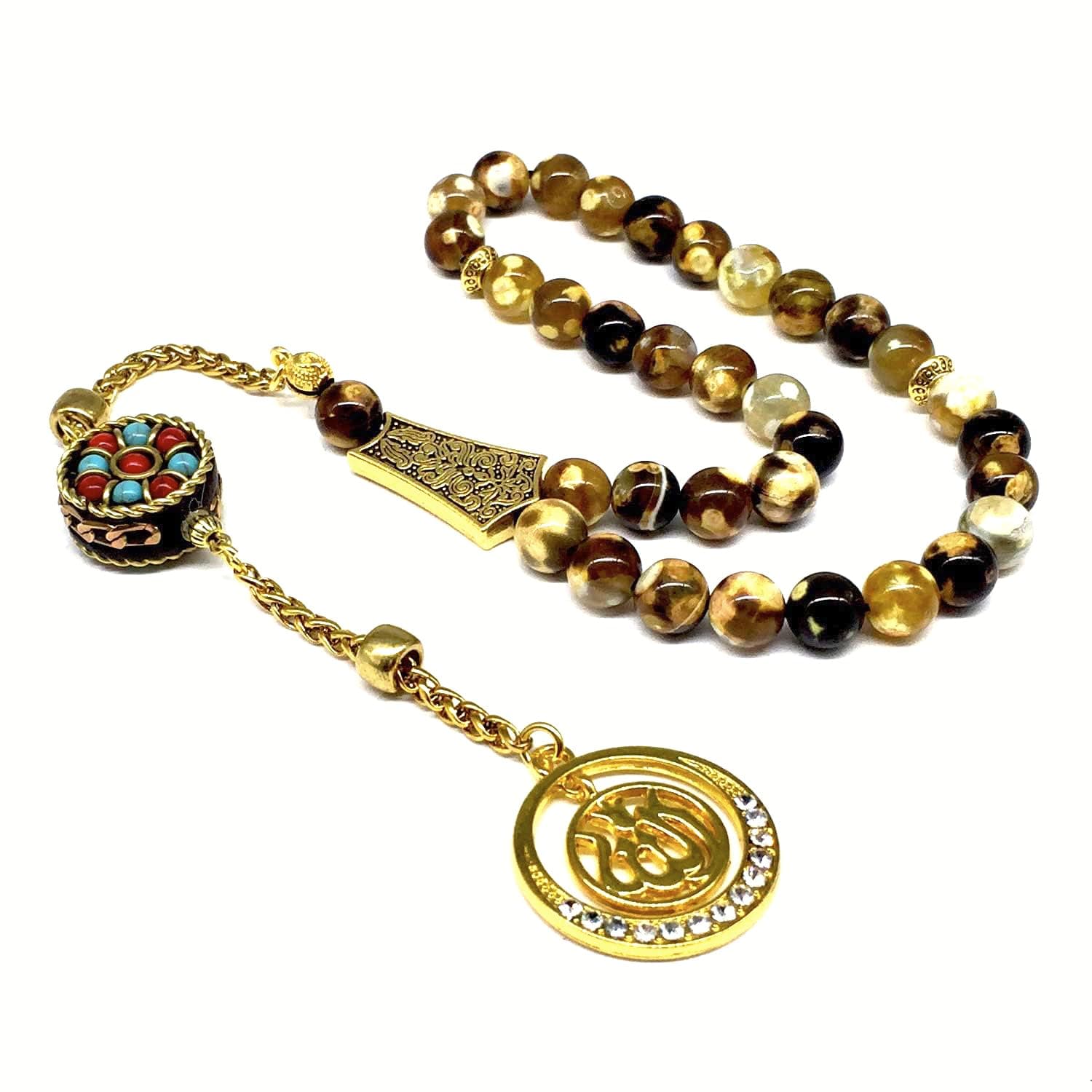 Elegance Collection Tesbih-Tasbih-Tasbih-Tasbeeh-Misbaha-Masbaha-Subha-Sebha-Sibha-Rosary Prayer Beads (Fire Agate Stone (8mm, 33 Beads))