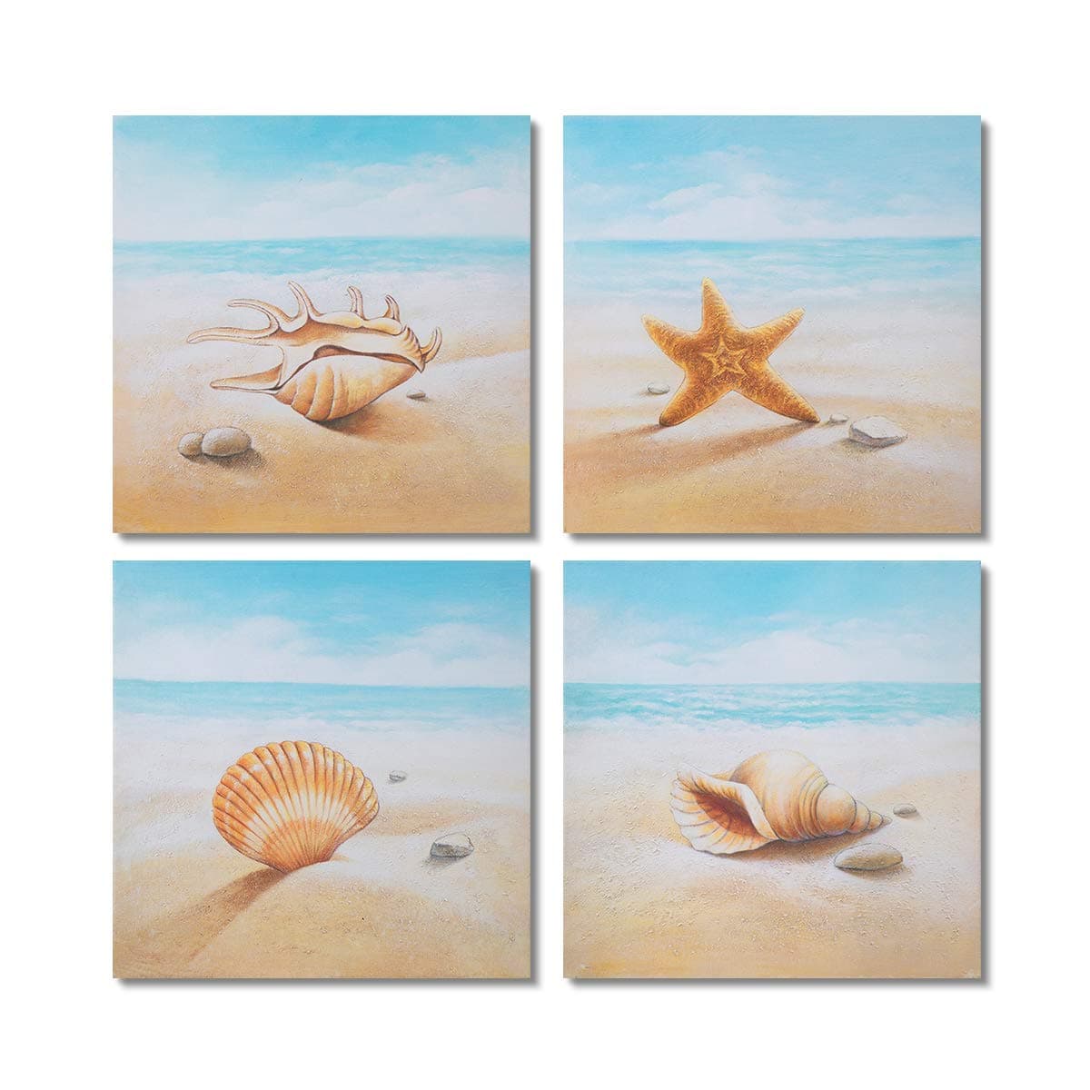 Gold Orange Starfish and Seashells on The Beach 4 PCS Oil Painting Beach Stone Sea Shells Sand Sunshine Wall Art Stretched Canvas Art Set Framed (12x12inch4pcs)