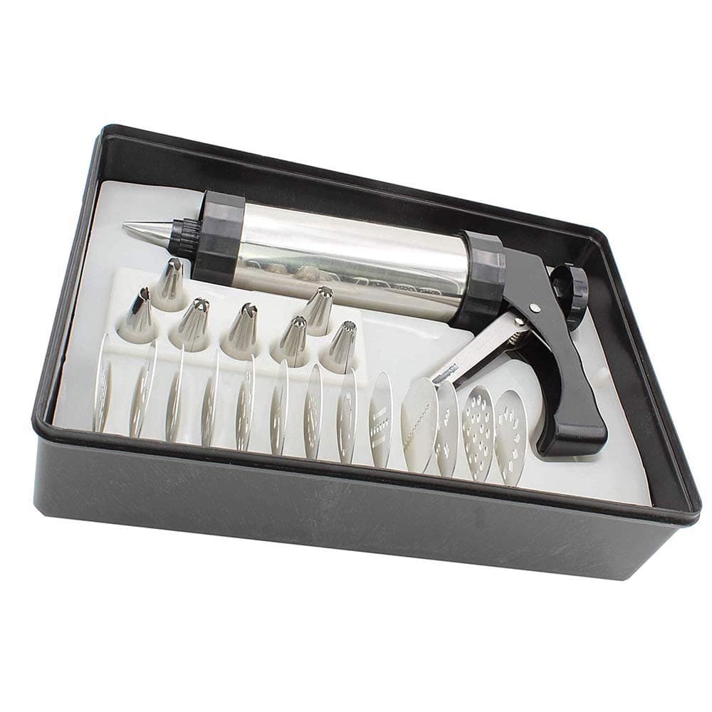 Cookie Press Stainless Steel Gun Kit 13 Cookie Pattern Discs Cake Cupcake Decorating 8 Icing Interchangeable Tips