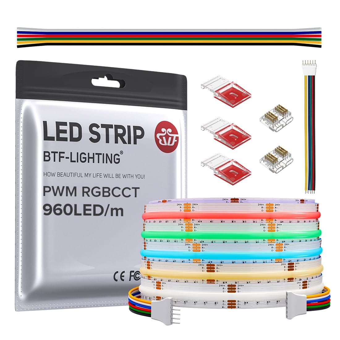 FCOB COB LED Strip RGBCCT Color Changing 16.4FT 960LED/m Flexible High Density Light RGB+CCT Tunable 3000K-6000K DC24V 12mm Width for Indoor Decor(No Adapter or Controller)