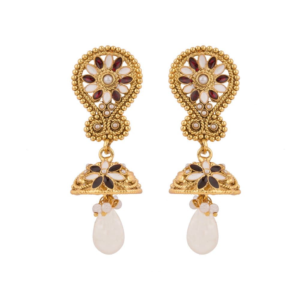 Rajwada Arts Women's Brass And Stones Floral Dangle Earrings White,Red