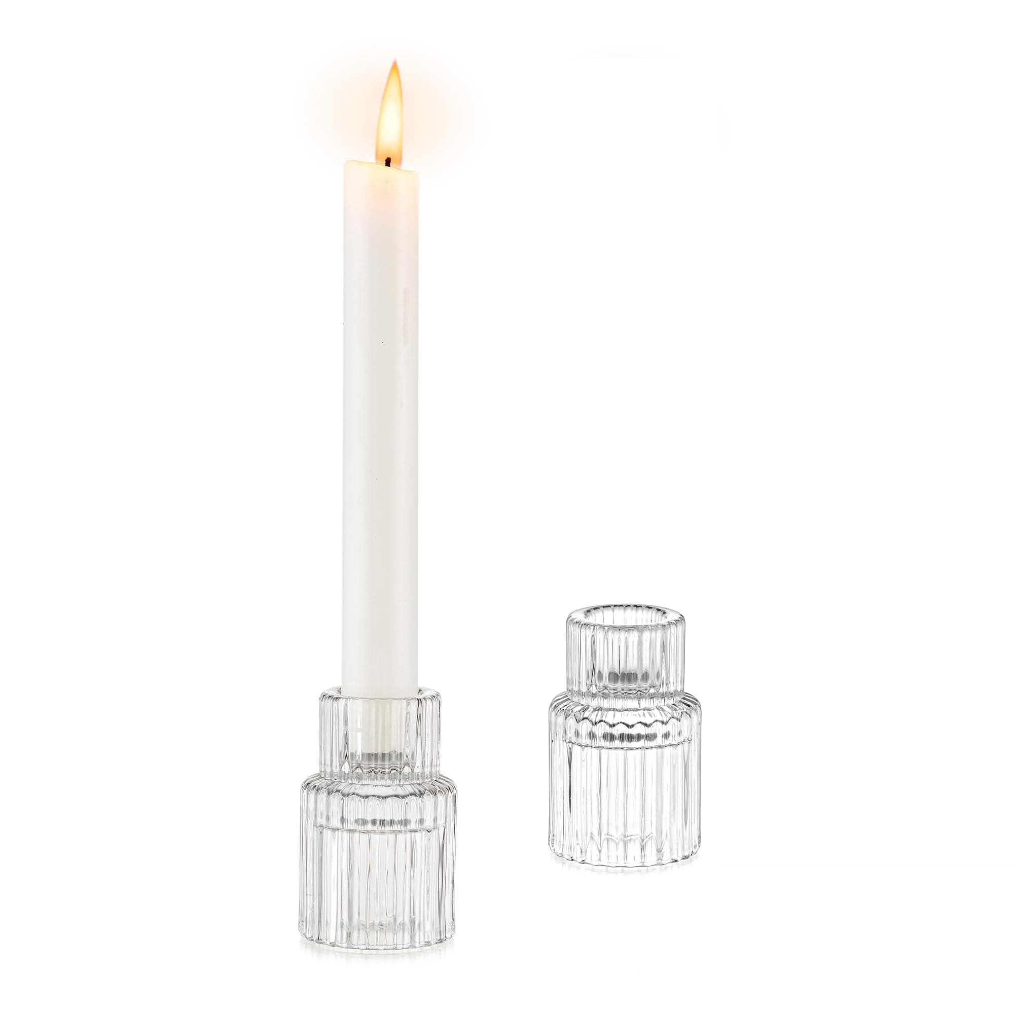Glasseam Glass CaVndlestick Taper Candle Holder: Set of 2 Small Candle Holders for Candlesticks, Modern Crystal Clear Tapered Candle Stick Holder for Wedding Dining Table Centerpiece Christmas Decor