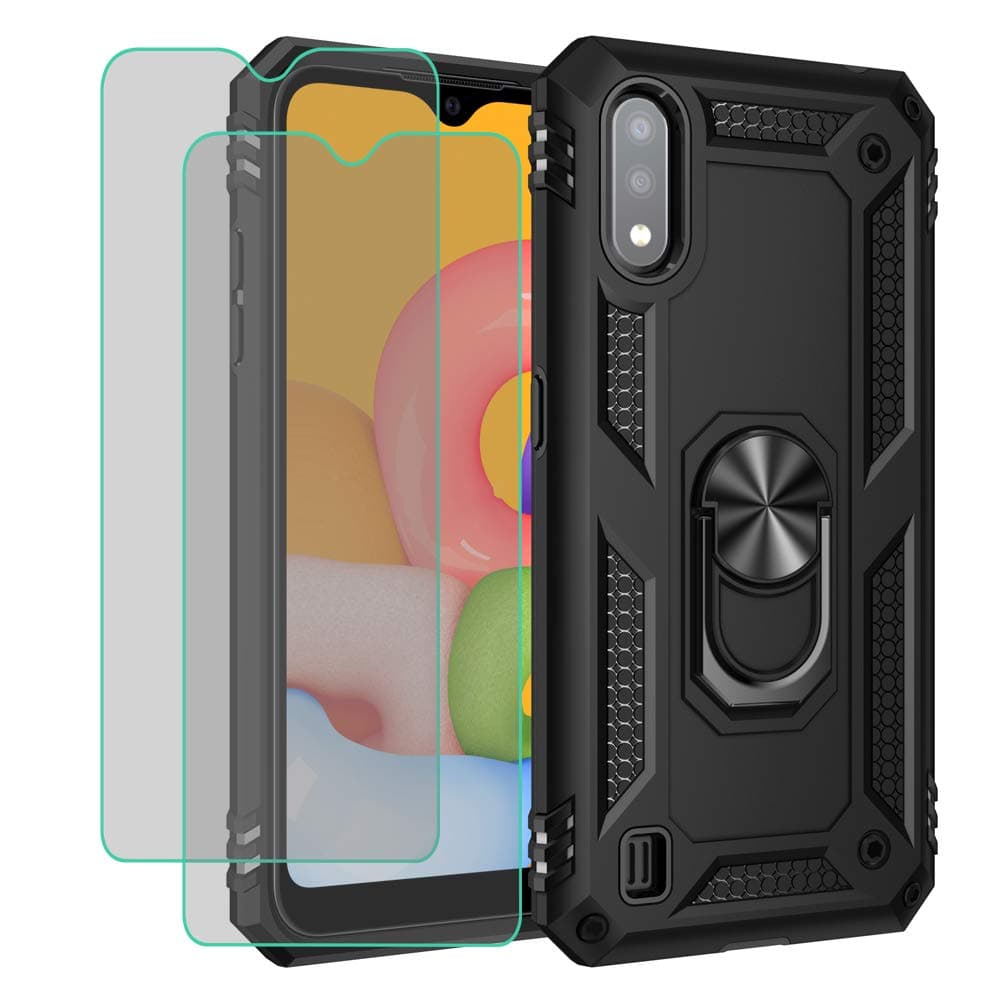 Rebex Compatible with Samsung Galaxy A01 Case Cover, with Tempered Glass Screen Protector [2Pack], Tough Heavy Protective Ring Kickstand Holder Grip Magnetic Metal Heavy Duty Shockproof (Black)