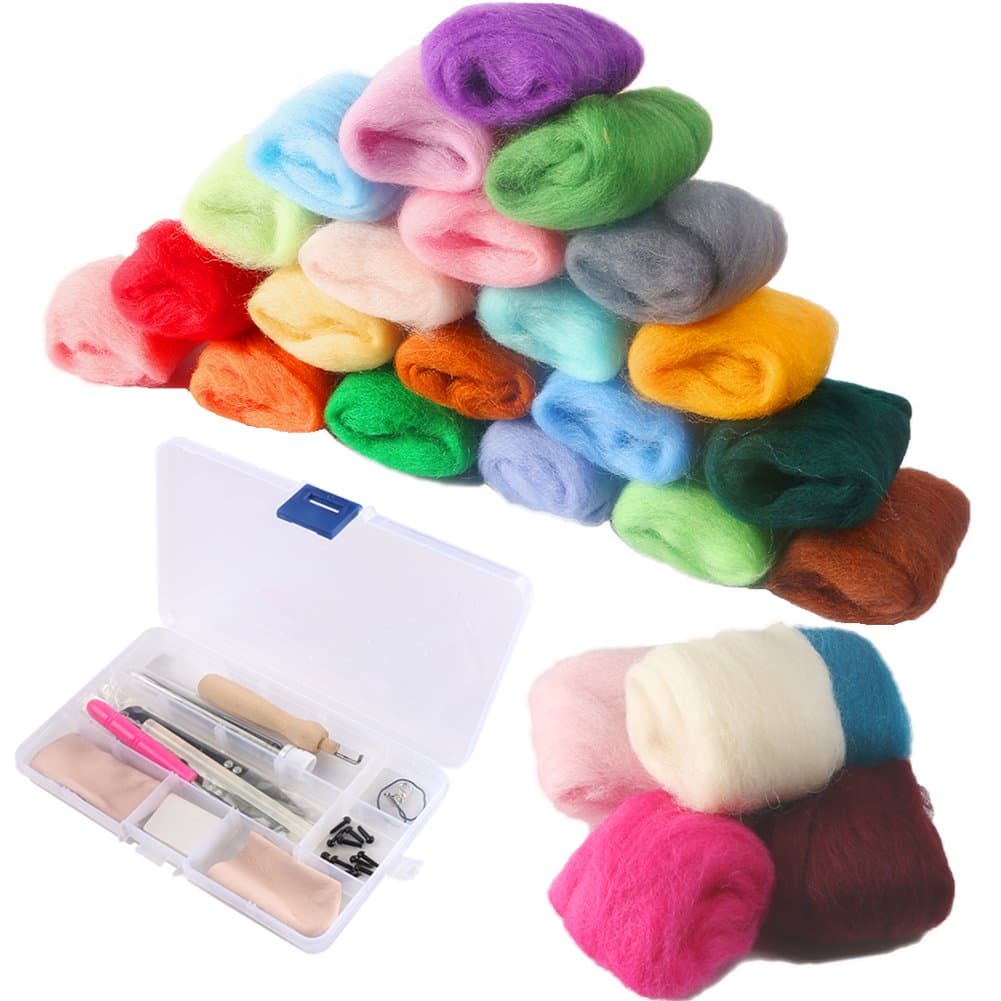 NABLUE 36 Random Color Fiber Wool Roving Yarn with Needle Felting Starter Kit Wooden Handle Set for Needle Felting Hand Spinning DIY Craft Materials - 8 Felting Needles,12 Black Eyeballs