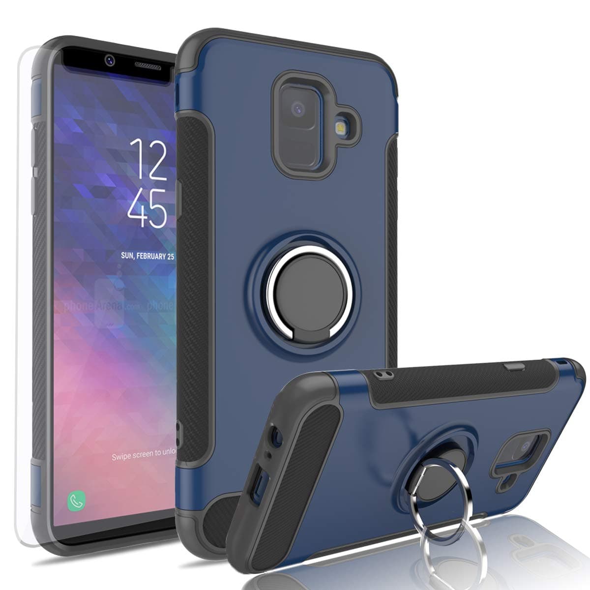 AYMECL Galaxy A6 2018 Case with HD Screen Protector,Rotating Ring Holder Dual Layer Shock Carbon Fiber Trim Cover for Samsung Galaxy A6 2018-QV Blue