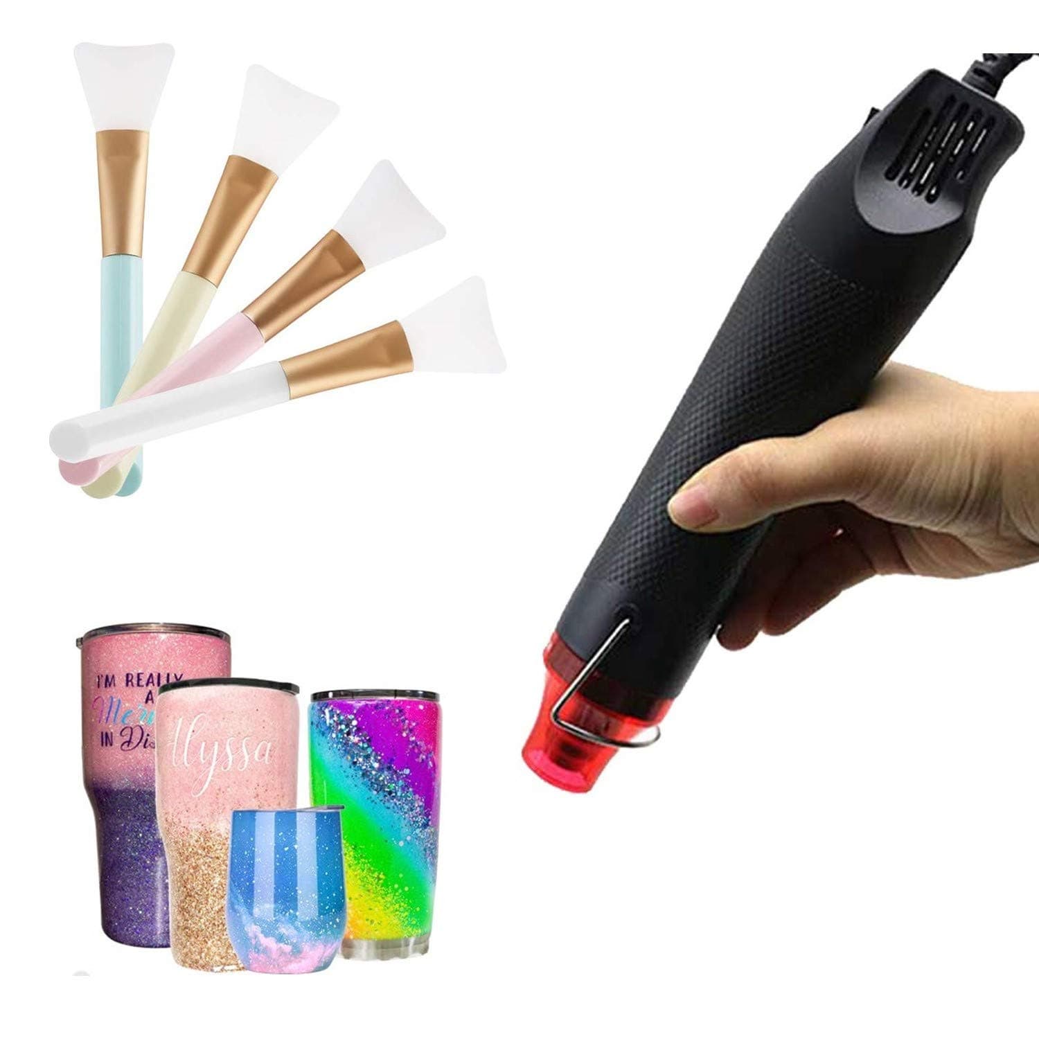 5Pcs Epoxy Glitter Tumbler Kits,Black Portable Bubble Buster Tool Heat Gun for DIY Acrylic Resin Cups to Remove Air Bubbles,4Pcs Magic Epoxy Brushes for Vinyl Crafts Tumbler (Black)