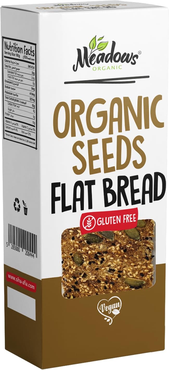 Meadows Organic Gluten Free & Vegan Organic Seeds Flat Bread 150g. Wholesome and Nutritious. Free from artificial flavors, colors, preservatives and other additives.