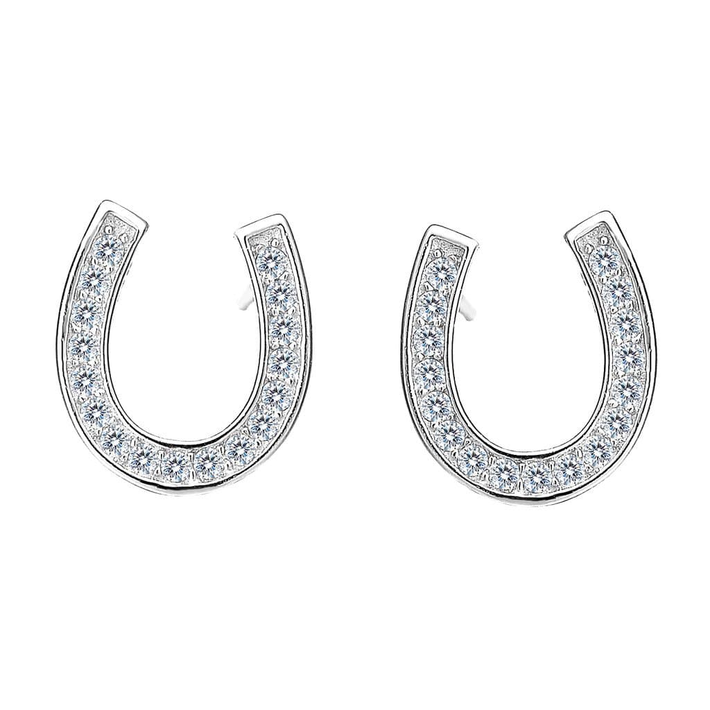 925 Sterling Silver Daily Wear Pave CZ Lucky Horseshoe Stud Earrings