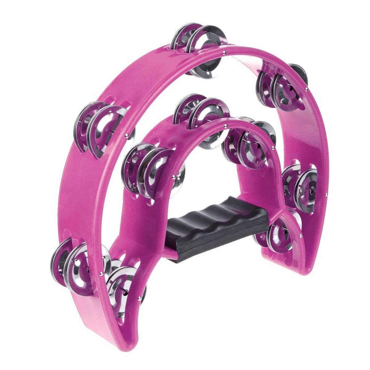 Half Moon Musical Tambourine Double Row Metal Jingles Hand Held Percussion Drum Multicolor (Pink) for KTV Party with Ergonomic Handle Grip