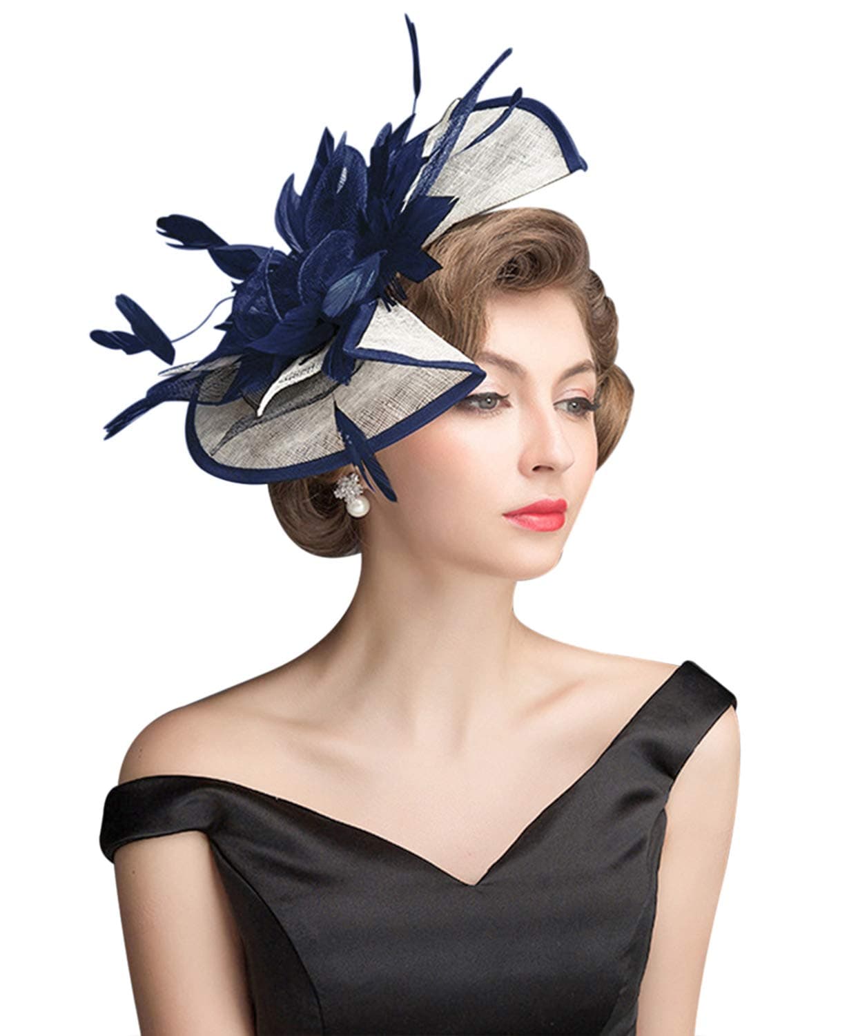 Z&XSinamay Fascinator Feather Mesh Flower Derby Hat with Clip and Headband