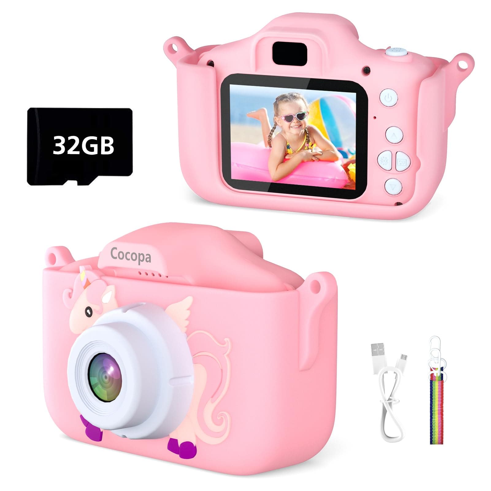 Kids Camera Digital Camera for 3-12 Year Old Girls,1080P HD Video Camera for Kids with 32GB SD Card/2 Inch IPS Screen, Birthday Christmas Toy Gifts for 3 4 5 6 7 Year Old Girls (Pink)