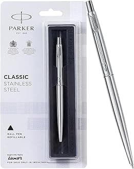 Parker Classic Stainless Steel Chrome Trim Ball Pen | Ink Color - Blue | Corporate Gift | Ideal For Professional Use