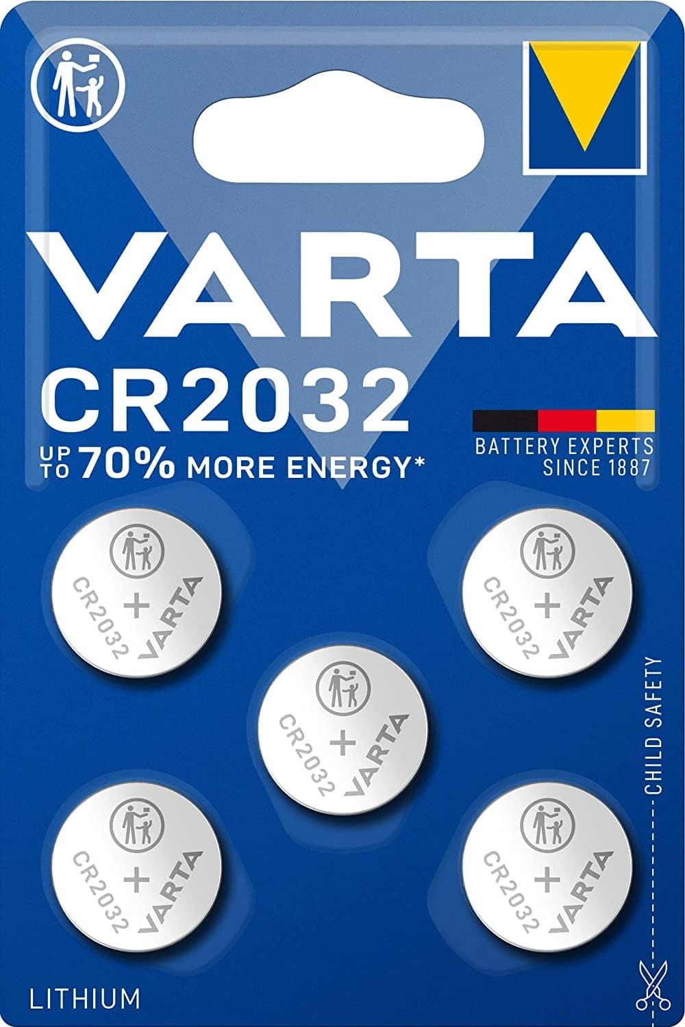 Button Cell Batteries CR2032, Pack of 5, Power on Demand, Lithium, 3V