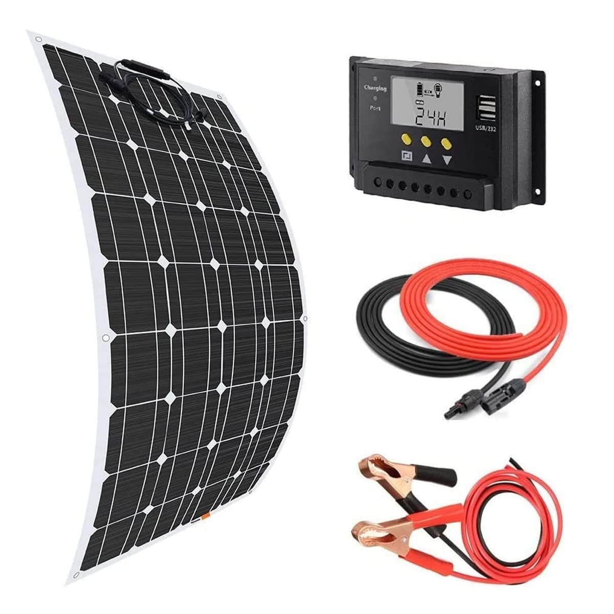 Giosolar 100W Flexible Solar Panel Charger Kit + 20A LCD Solar Controller + 5M Solar Cable + 3M Battery Cable for Boats Motorhomes Caravans Off-Grid Systems