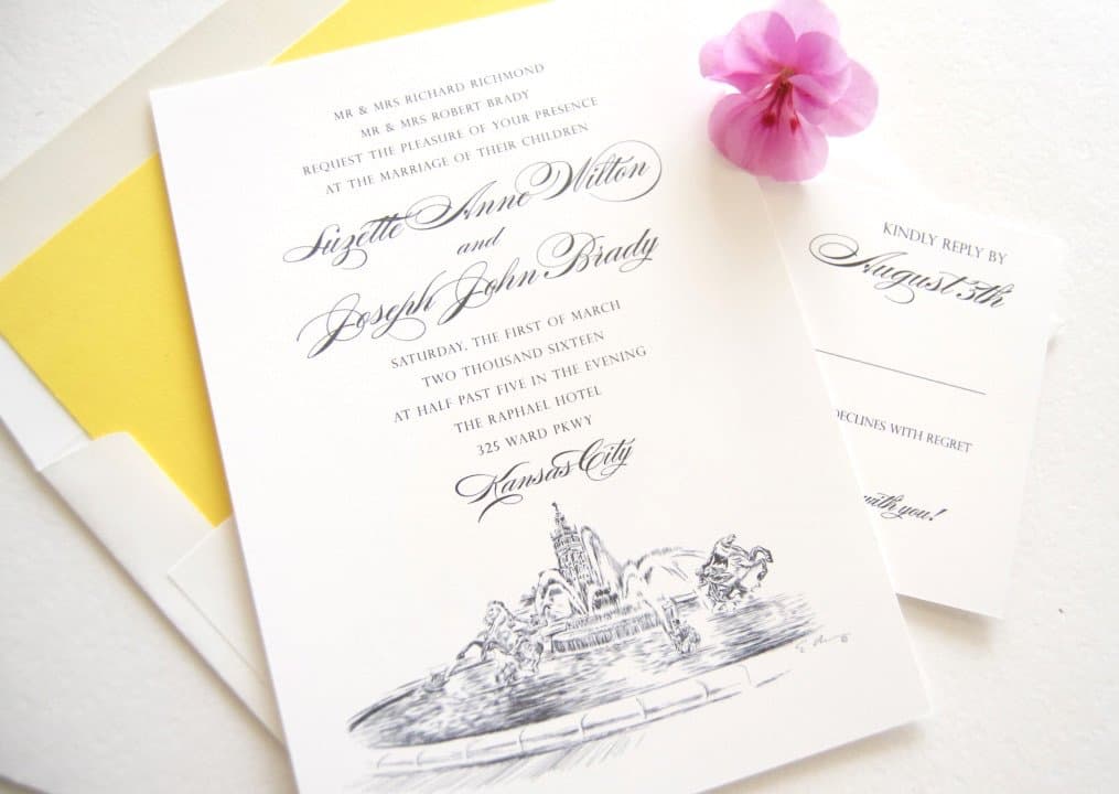 Kansas City Fountain Skyline Wedding Invitations Package (Sold in sets of 10 Invitations, RSVP Cards and Envelopes)