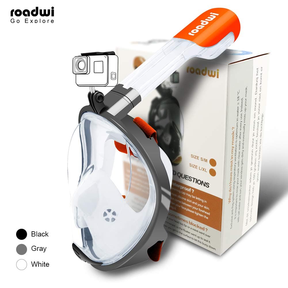 roadwi Snorkel Mask Full Face 180 Degree Visibility with Action Camera Mount and Travel Bag, Adjustable Belt Comfortable and Anti-Leak Scuba Masks for Adults and Kids(Gray,L/XL>12cm)