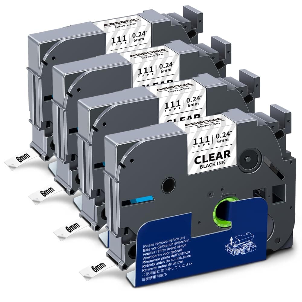 Absonic 4-Pack Tze-111 6mm Black on Clear Label Tape Compatible for Brother Tze111 Tz-111 Tz111 P Touch Tze 6mm 0.23" Laminated Clear Tz 1/4 Inch Label Tape for PT-H110 PT-D220 PT-D202 PT-D210 PT-D610