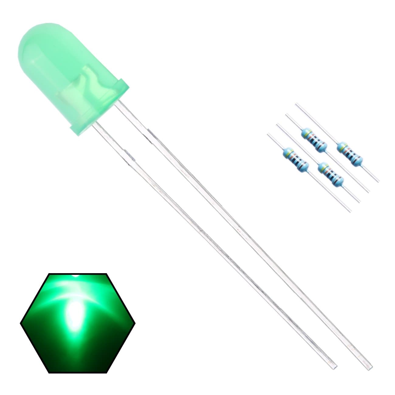 EDGELEC100pcs 5mm Green Lights LED Diodes (Green Lens) Diffused Round Lens 29mm Long Lead (DC 3V) +100pcs Resistors (for DC 6-12V) Included,Bulb Lamps Light Emitting Diode