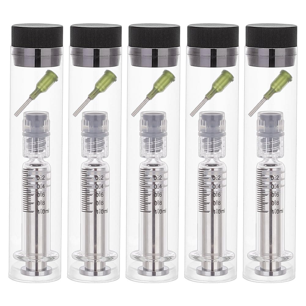 OLYCRAFT 5 Sets Reusable Glass Syringe 1ml Glass Luer Pets Syringe with Luer Locks & Blunt Tips - Silver
