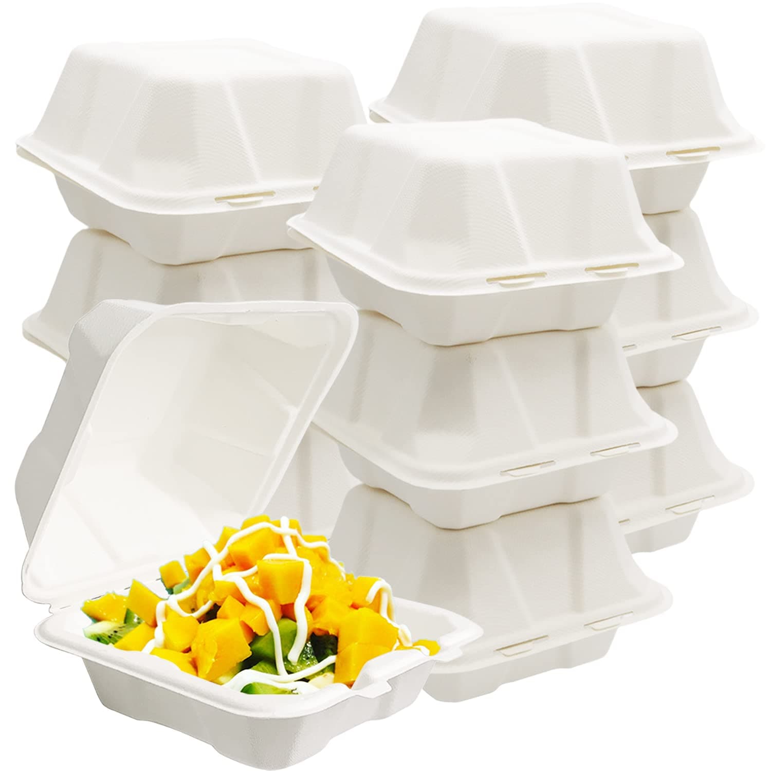 50 Pcs 6"x6" Bagasse Clamshell Food Containers