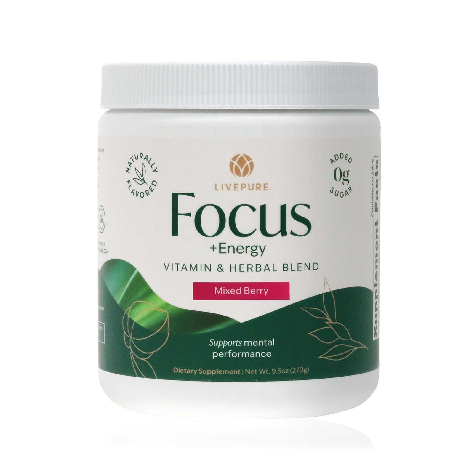 PURE Focus + Energy Tub Drink Mix | Natural Caffeine & Antioxidants from Botanicals | Supports Alertness, Clarity & Energy | Zero Sugar, No Artificial Sweeteners | 9.5 oz | Mixed Berry Flavo