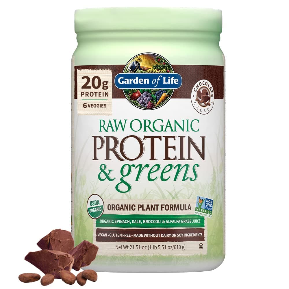 Raw Organic Protein & Greens Chocolate - 20 Servings, Vegan Protein Powder for Women and Men, Juiced Greens and 20 g Plant Protein Plus Probiotics & Enzymes, Gluten-Free Low Carb Shake