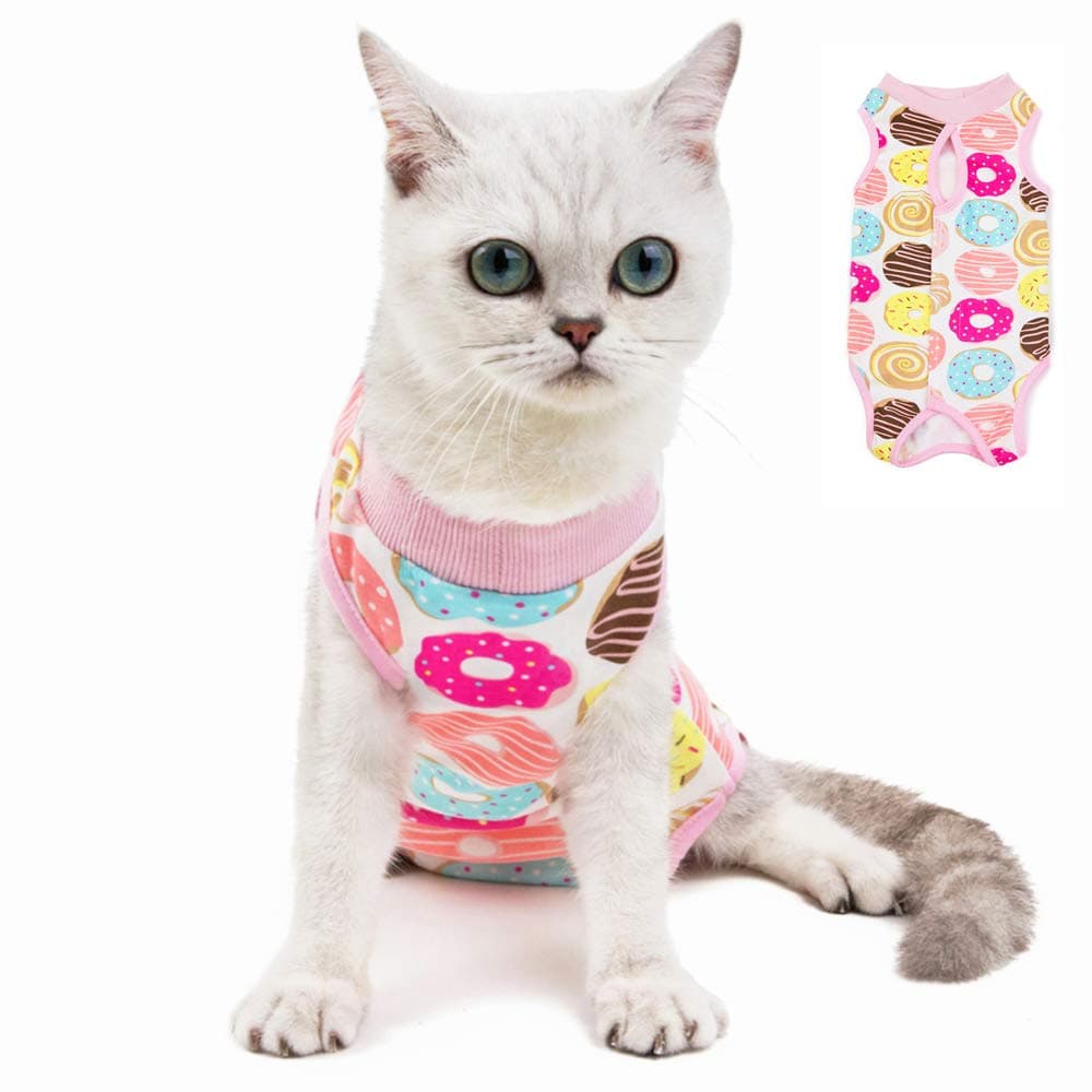 Kitipcoo Professional Surgery Recovery Suit for Cats Paste Cotton Breathable Surgery Suits for Abdominal Wounds and Skin Diseases for Cats Dogs, After Surgery Wear Suit (S (3.3-5 lbs), Doughnut)