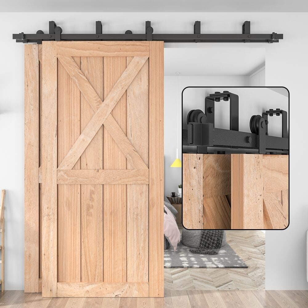 WINSOON Top Mount Double Bypass Barn Door Hardware 6 FT Track Double Door Kit, Overlapping, One-Piece Rail, Heavy Duty, Slide Smoothly Quietly, Easy Install, Fit Up to Two 36” Wide Door Panel