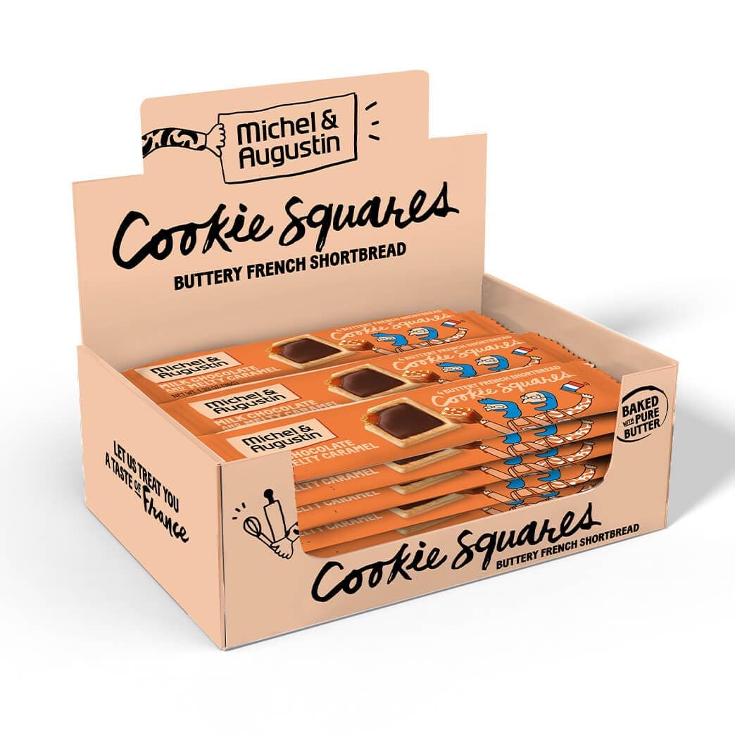 Michel et Augustin Cookies, Individually Wrapped Snacks Gift Box, Milk Chocolate & Caramel Shortbread Cookie Bars, 18-Pack, 4 French Butter Cookies per Bar