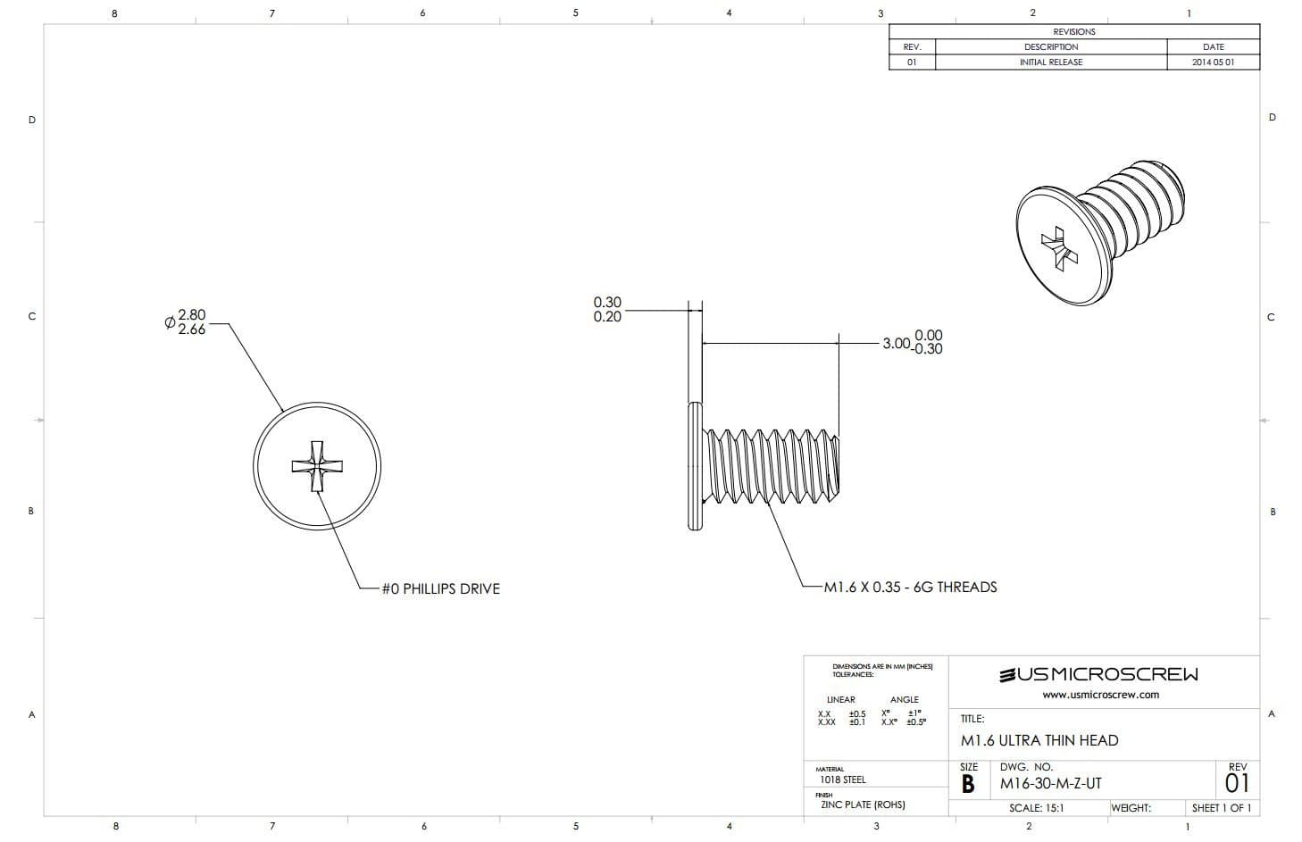 M1.6-0.35 X 3mm Machine Screw Zinc Plated Steel Ultra Thin Head Phillips Drive (100 Pcs) - M16-30-M-Z-UT