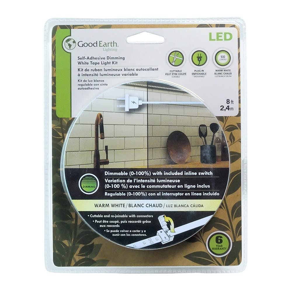 Good Earth Lighting 8ft LED 930 Lumen 3000K Flexible Tape Light - Plug-in, Dimmer Switch - 30,000 Hour Rated Lamp Life - White Finish