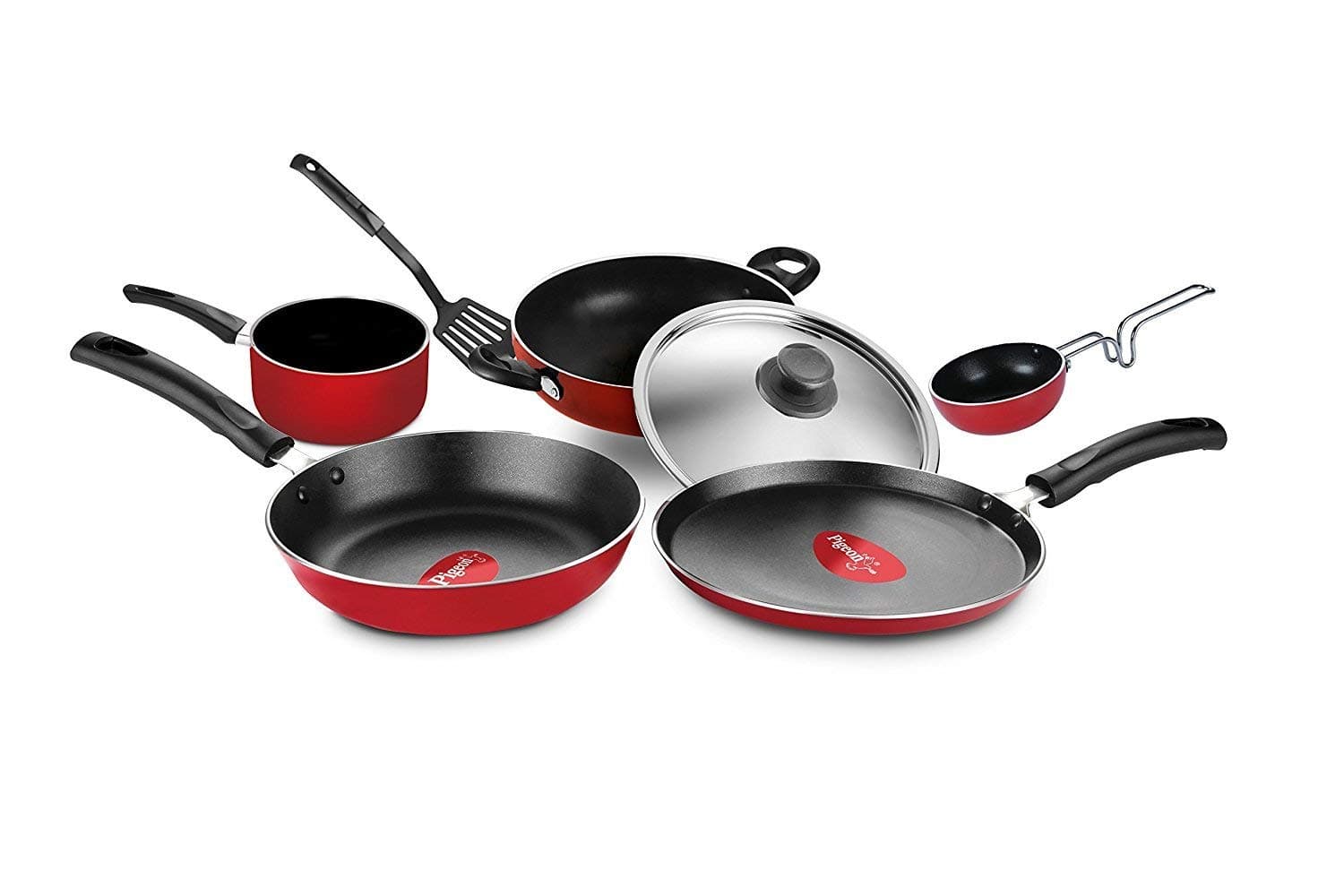 Pigeon 7 Piece Nonstick Cookware Set, Includes Nonstick Tawa 23 cm, Fry Pan 24 cm, Kadai with Stainless Steel Lid 24 cm, Sauce Pan (Red)