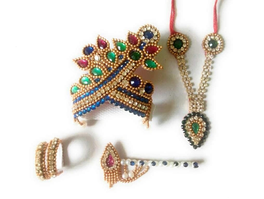 Futurez Key� Laddu Gopal Shringar Accessories Combo Set 1 Stone Studded Mukut, Haar, Pair of Kangan and Bansuri, Pack of 4, Size: 4-5 (Multi)