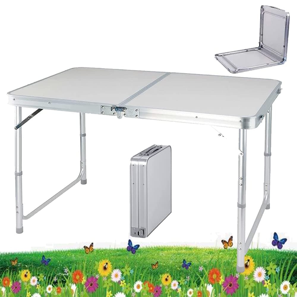 4ft Pop-Up Trestle Table Aluminum Rectangle Camping Folding Table Portable Adjustable Garden Outdoor Picnic Table Kitchen Work Top Table, White, 120x60x70/62/55cm