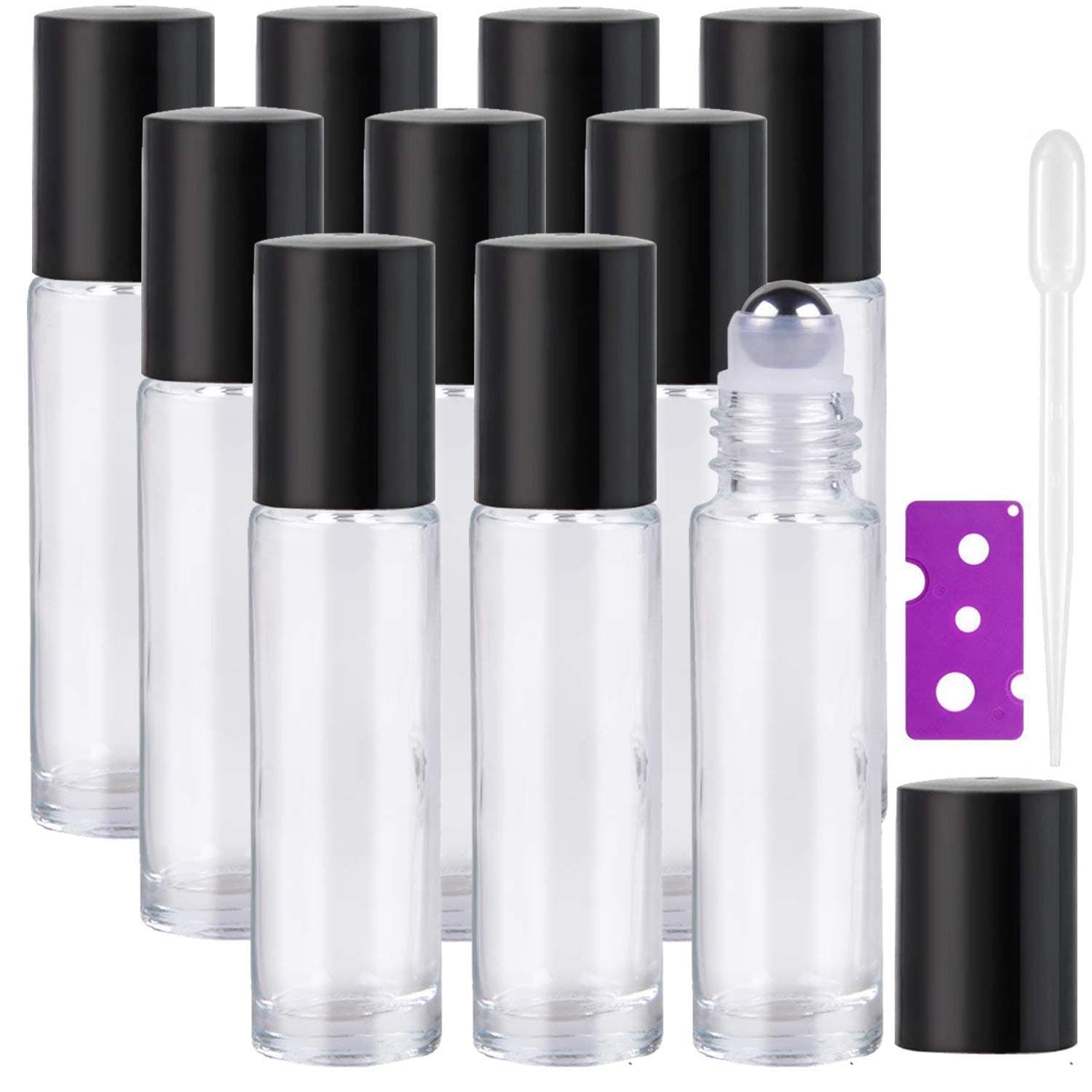 Essential Oil Roller Bottles - 10Pcs, 10ml Refillable Transparent Glass Roll on Bottles with Black Lids, 12 Pcs Labels, Dropper & Opener Included - Perfect for Fragrance, Aromatherapy