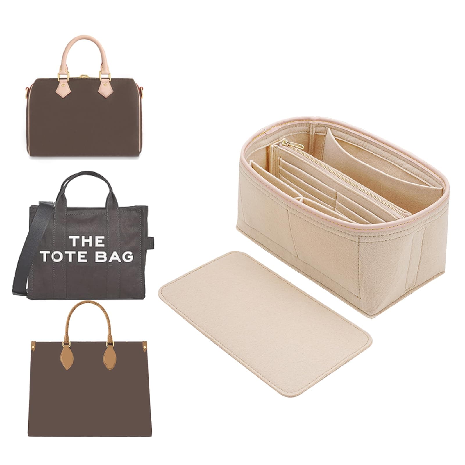Purse Organizer & Base Shaper fit Speedy 25 & Neverfull PM, Felt Bag Organizer Insert for Handbags with Metal Zipper [Bag in Bag] (Medium, Beige)