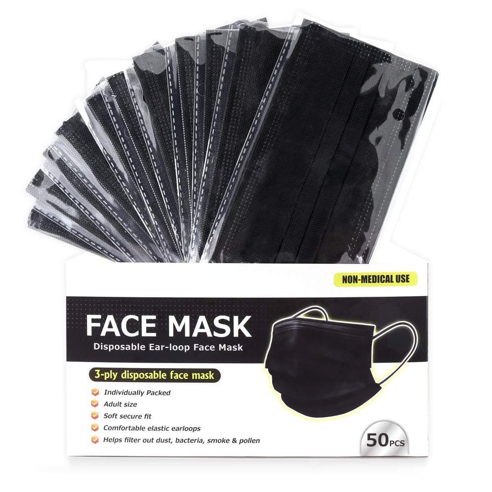 50 PCS Black Disposable Face Mask 3 Layer Anti-Dust Earloops Protective Cover Mask