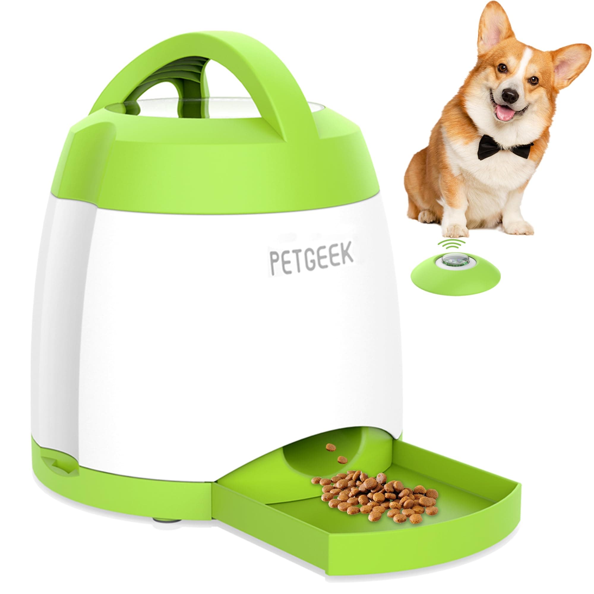 PETGEEK Dog Treat Dispenser with Button, Automatic Dog Feeder with Remote Control and Dual Power Supply, Dogs Puzzle Toys and Interactive Pet Stimulation Toys for Indoor or Outdoor Play(Green)