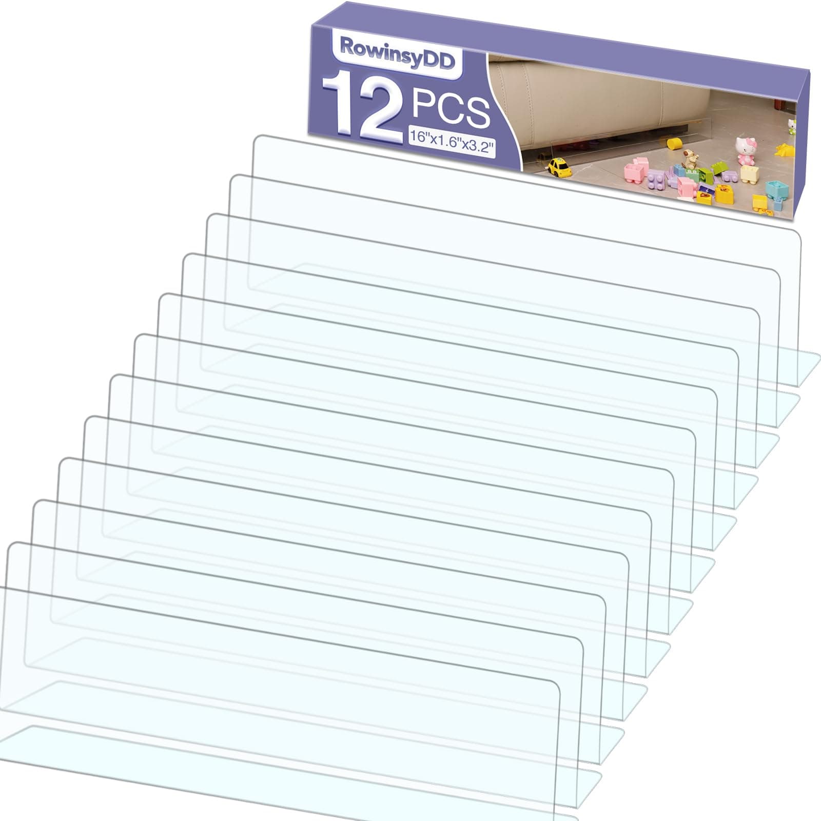 12 Pack Toy Blocker for Furniture, Clear Under Couch Blocker, Stop Things Going Under Sofa or Bed, 16" L x 3.2" H, Adjustable Gap Bumper for Furniture with Strong Tape