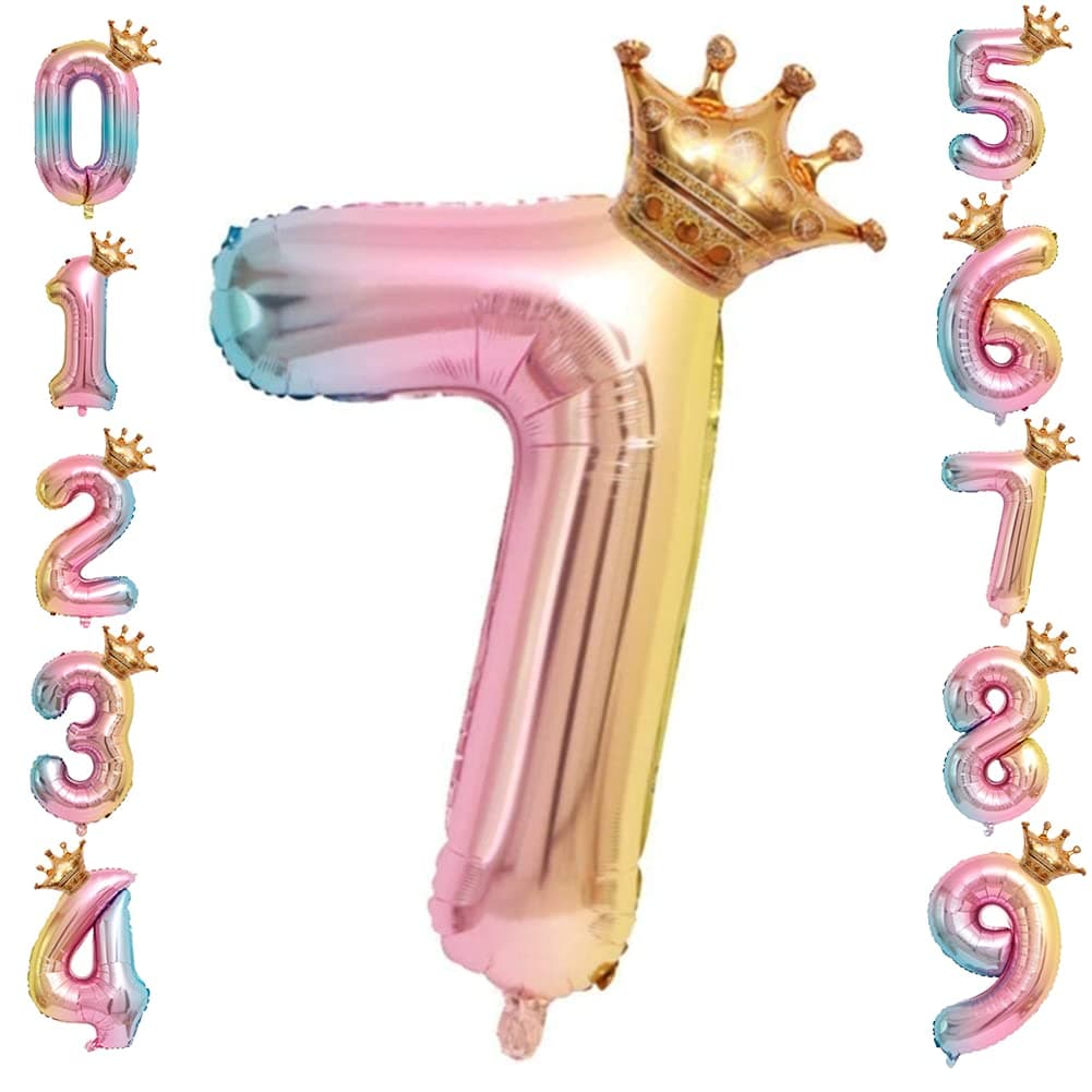 mciskin 32 inch Rainbow Gradient Colorful Big Size Number Foil Helium Balloons Birthday Party Celebration Decoration Large globos ,Digital Crown Aluminum Balloons (7)