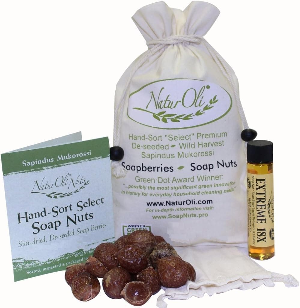 NaturOli Soap Nuts/Soap Berries - 8oz organic (120 loads) + 18X Travel Bottle! Select Seedless - 1 Wash Bag, 8-pg info, Tote Bag. Organic Laundry Soap