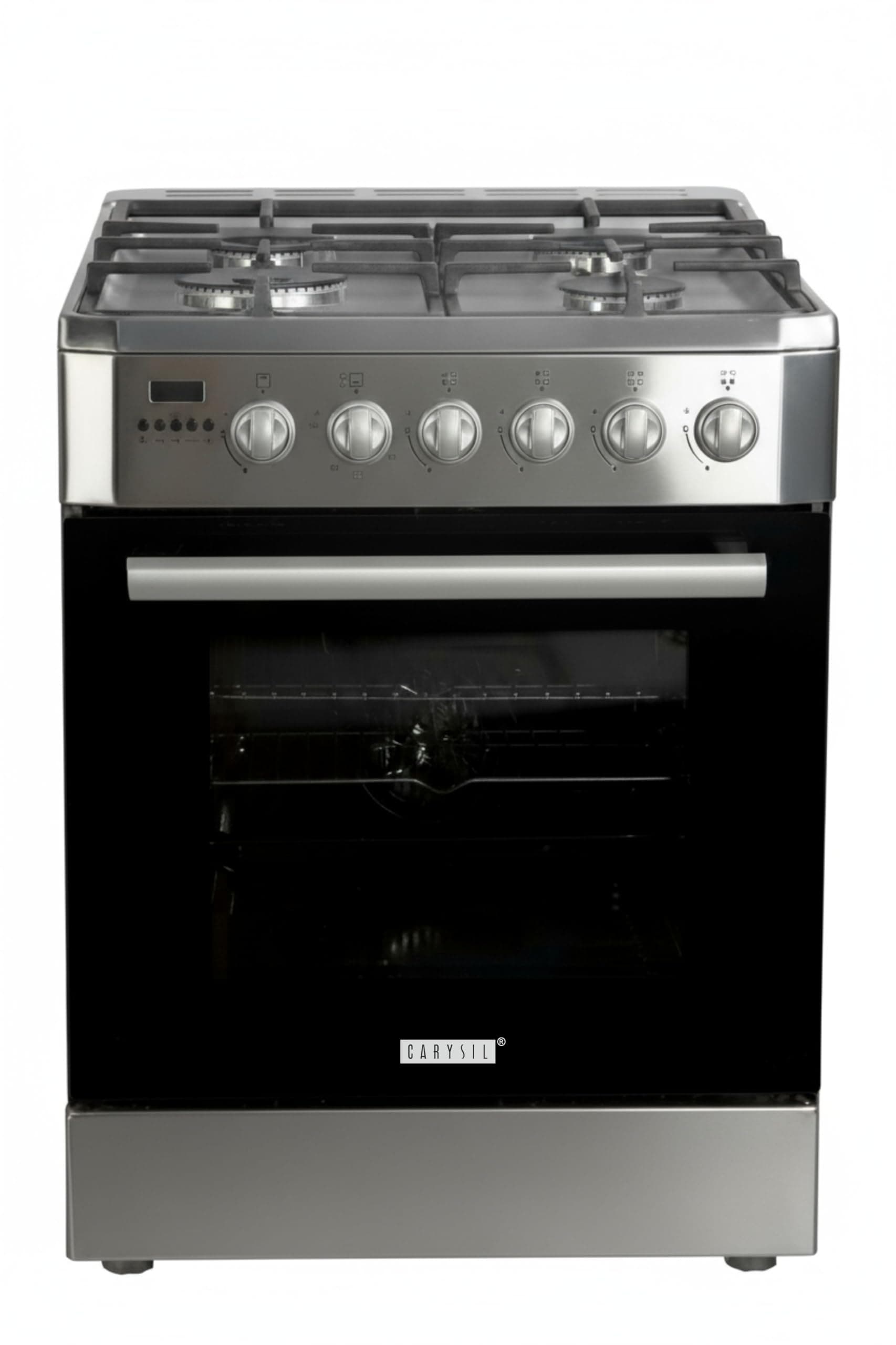 Carysil Free-Standing Cooking Range FSCR-01, 62L Gas Oven, 4 High-Power Italian SABAF Burners, Cast Iron Support, Digital Timer, Cooking, Baking, Grilling & Roasting, Stainless Steel Body, Silver