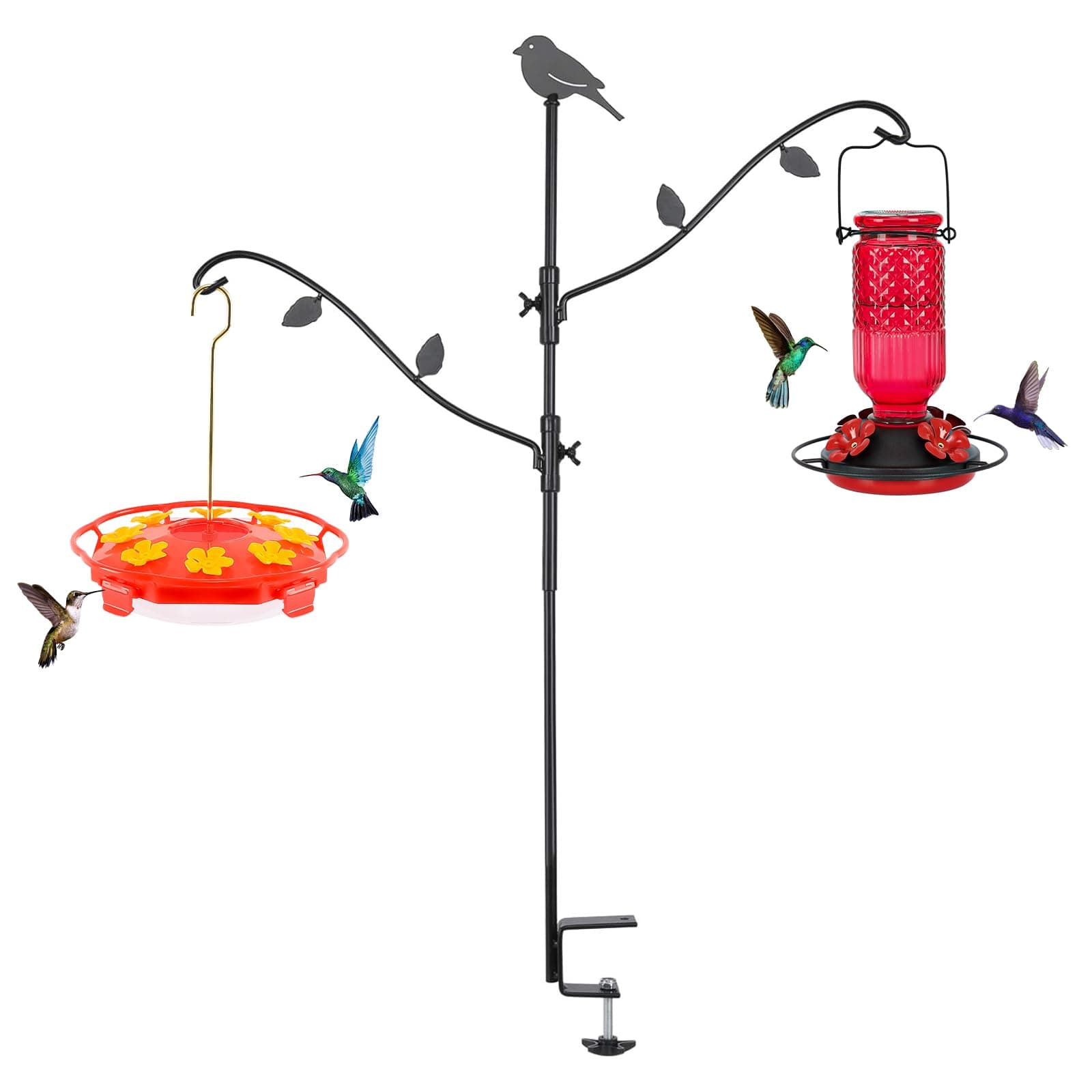 FEED GARDEN Deck Bird Feeder Pole, 42 Inches, Multiple Hooks, Adjustable, Detachable, Heavy Duty Steel, Stable, Black, BirdFeeders Porch for Deck Kit for Outside Bird Feeders and Plant Hangers