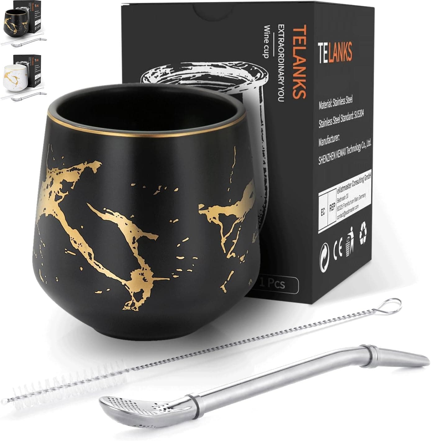 Modern 200ml Ceramic Mate Tumbler, Yerba Mate Marble Mug, Tea Set with Bombilla and Cleaning Brush (Black)