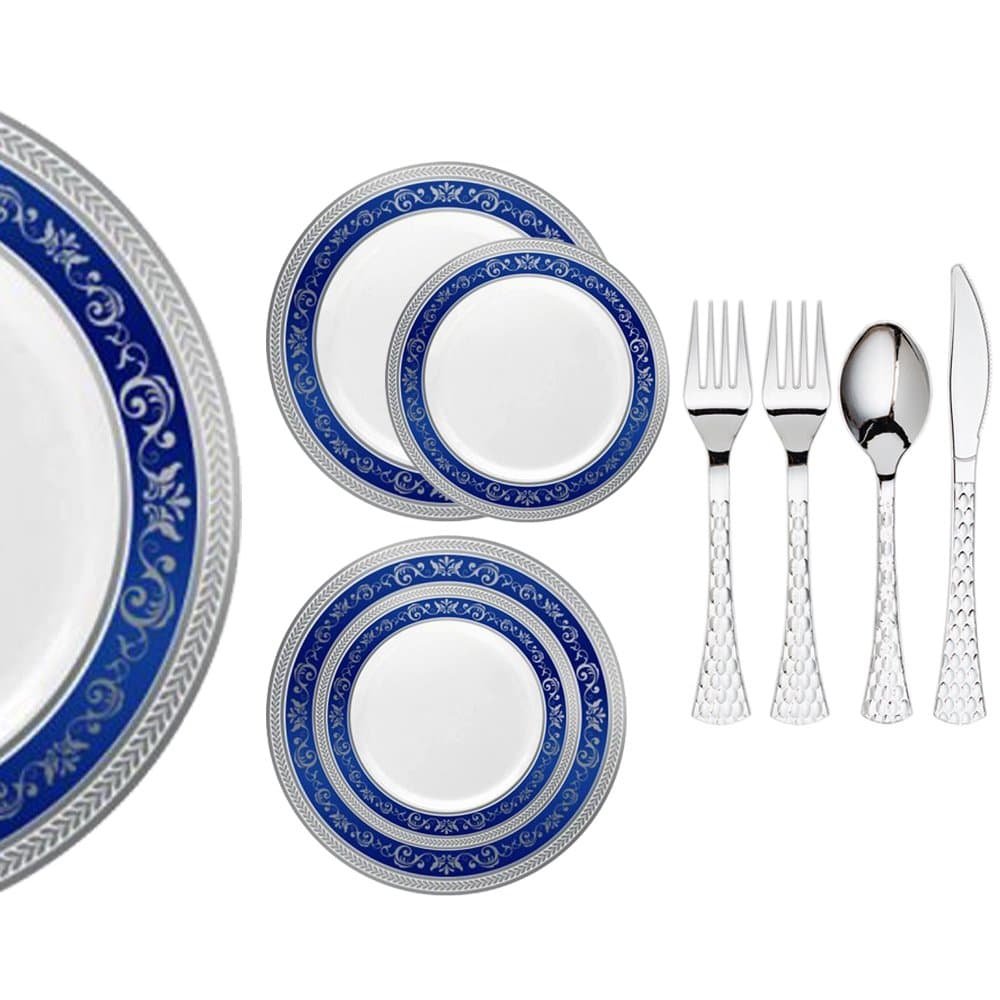 Royal Collection Heavy Duty Plastic Plates for Weddings for 20 Persons, Includes 20 Dinner Plates, 20 Salad Plates, 40 Forks, 20 Spoons, 20 Knives, Blue and Silver Rim