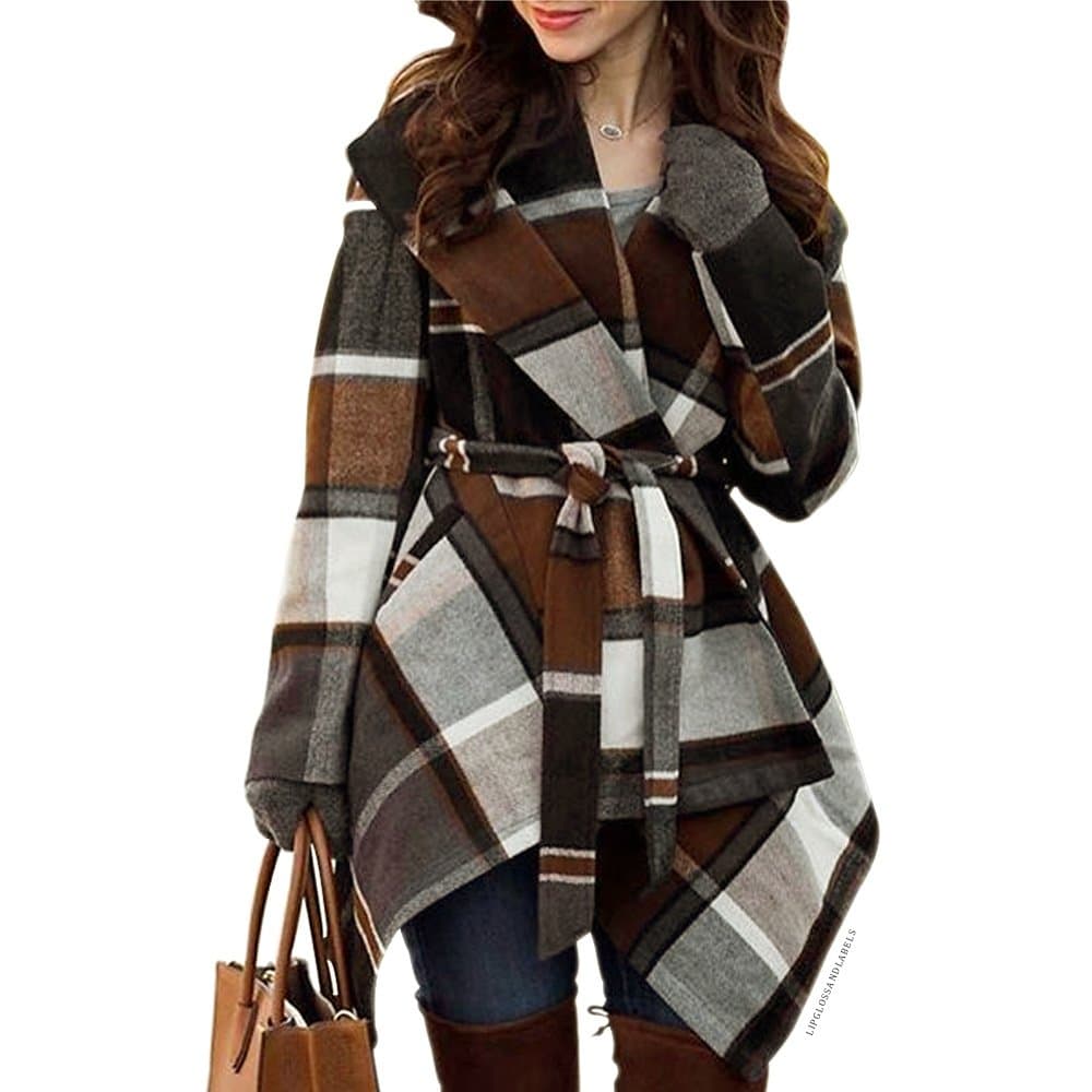 Women's Turn Down Shawl Collar Earth Tone Check Asymmetric Hemline Wool Blend Coat