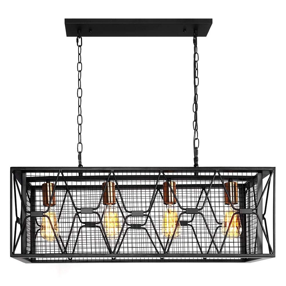 OYIPRO Farmhouse Chandelier Pendant Lighting, 4 Lights Industrial Rectangular Retro Rustic Ceiling Lights for Kitchen Island Dining Room Rectangle Black Light